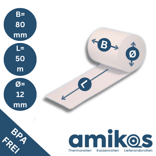 Thermorollen 80 mm x 50 m x 12 mm, Rollendurchmesser 59 mm / 50 Stück